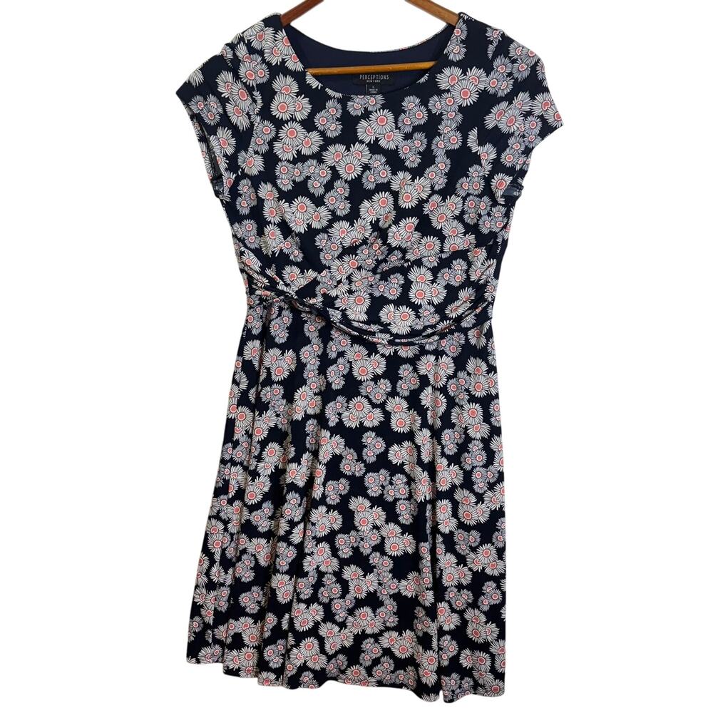 Perceptions Petite Cap Sleeves Dress Women's Size Large L Navy White Daisies